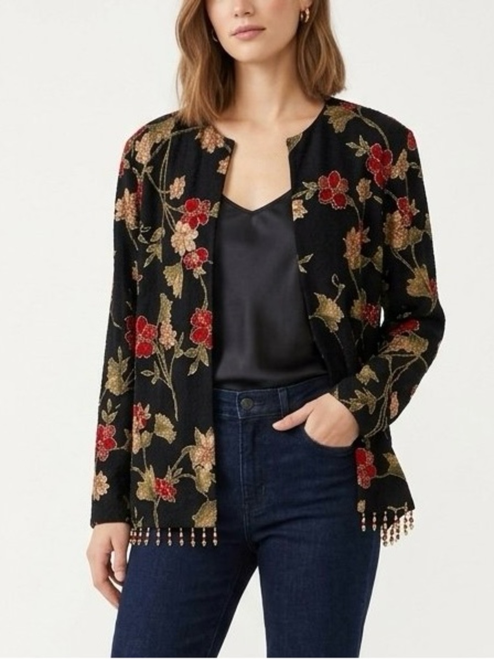 Vintage 90s Dressbarn Floral Open Front Blazer Beaded Trim Coquette Size 14/16